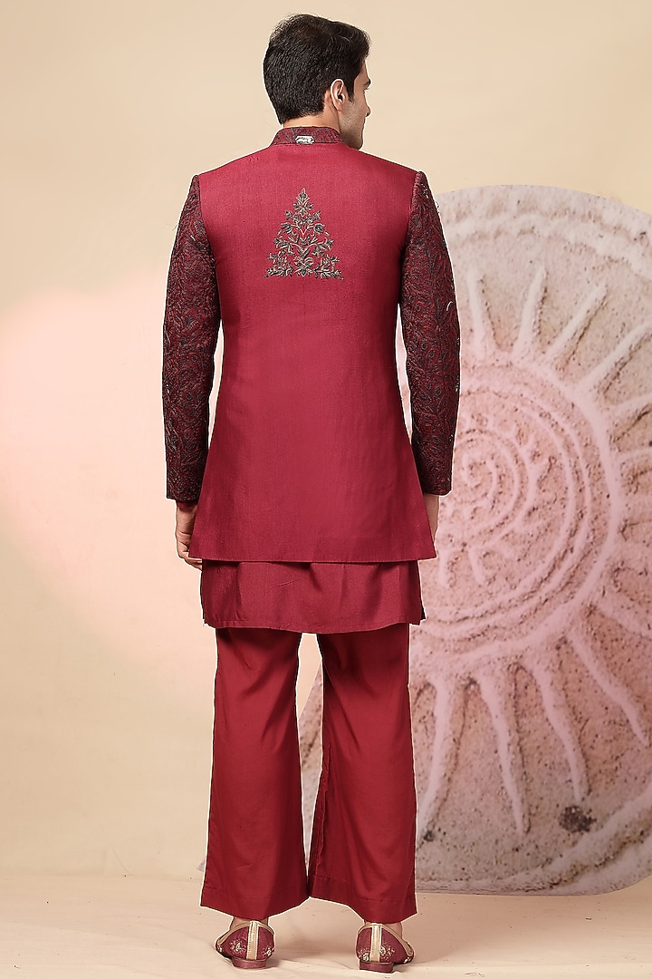 Maroon Handloom Embroidered Wedding Indowestern Set by Soniya G Men at Pernia's Pop Up Shop