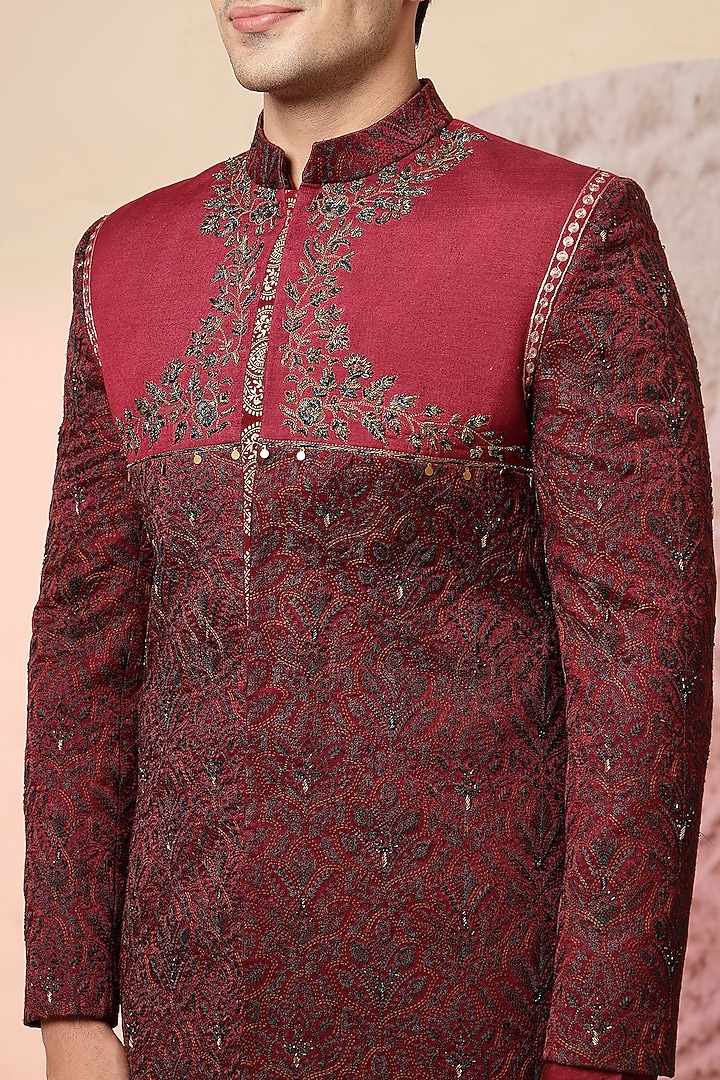 Maroon Handloom Embroidered Wedding Indowestern Set by Soniya G Men at Pernia's Pop Up Shop