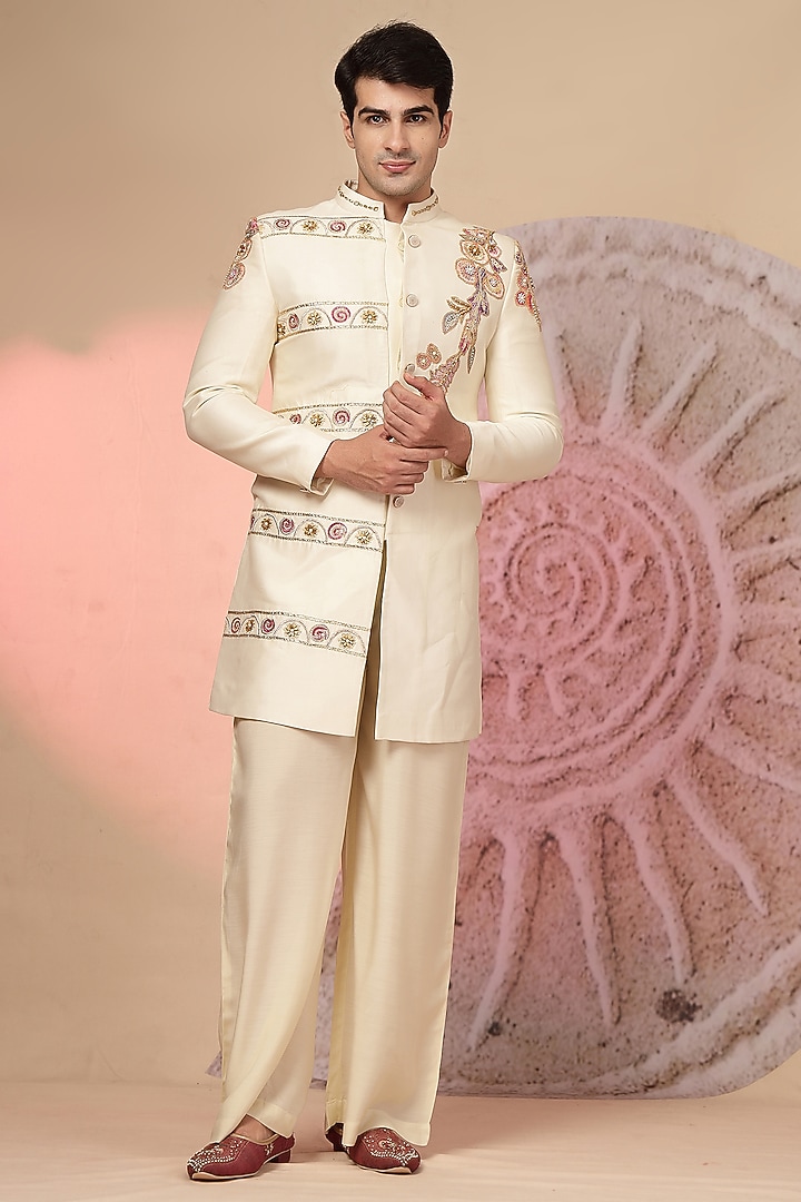 Ivory Chanderi Silk Embroidered Jacket Set by Soniya G Men at Pernia's Pop Up Shop