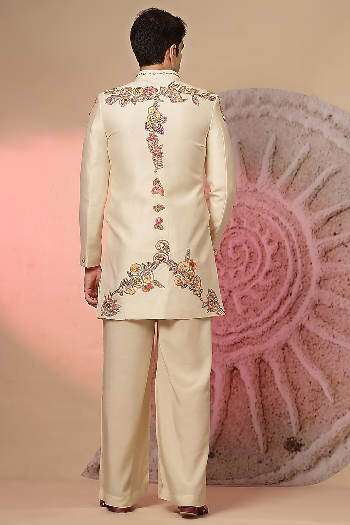 Ivory Chanderi Silk Embroidered Wedding Indowestern Set by Soniya G Men at Pernia's Pop Up Shop