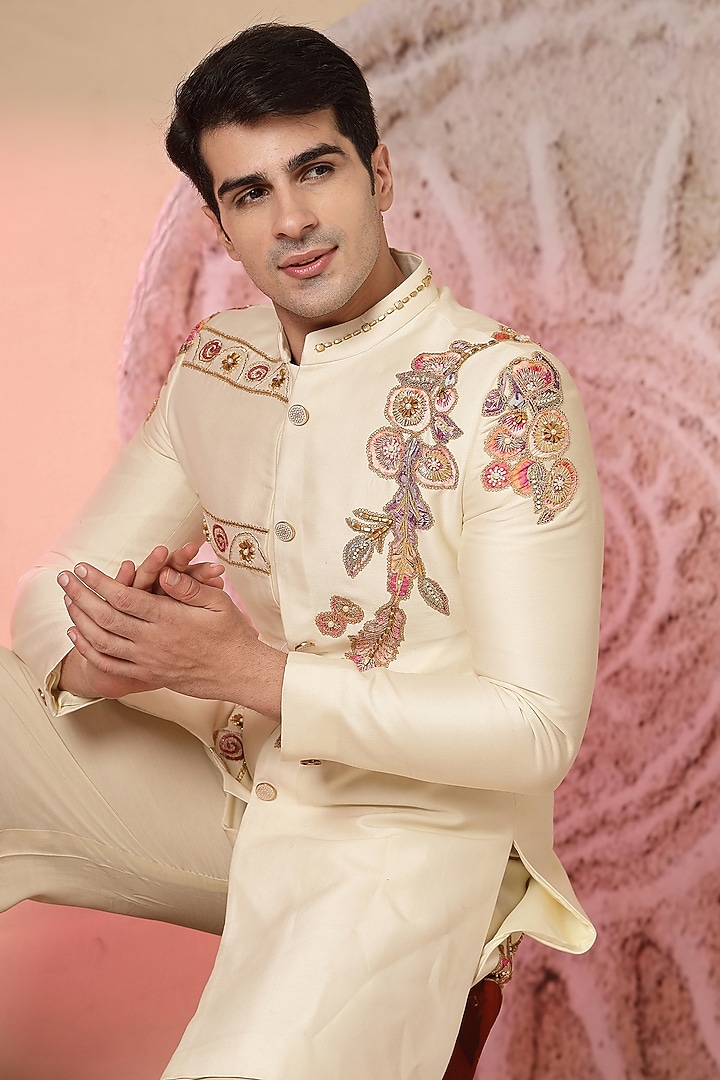 Ivory Chanderi Silk Embroidered Wedding Indowestern Set by Soniya G Men at Pernia's Pop Up Shop