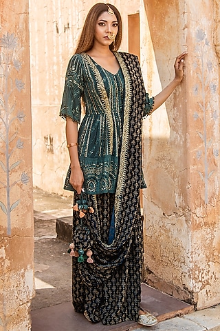 Teal Green Velvet Dhoti Set by Soniya G