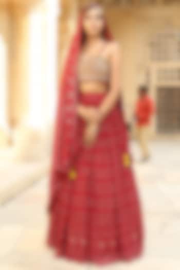 Ruby Red Lucknowi Chikankari Lehenga Set by Soniya G