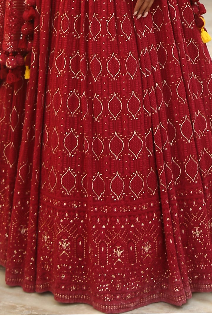 Ruby Red Lucknowi Chikankari Wedding Lehenga Set by Soniya G at Pernia's Pop Up Shop