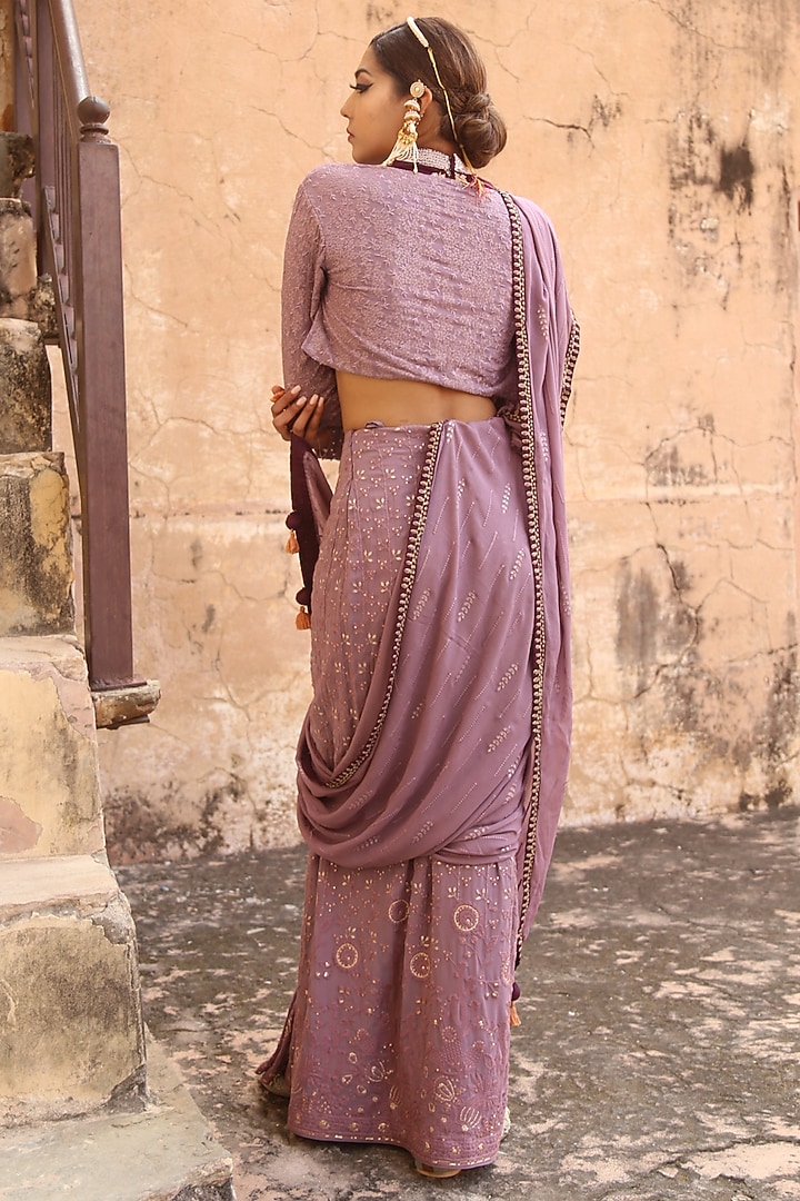 Mauve Lucknowi Chikankari Draped Wedding Saree Set by Soniya G at Pernia's Pop Up Shop