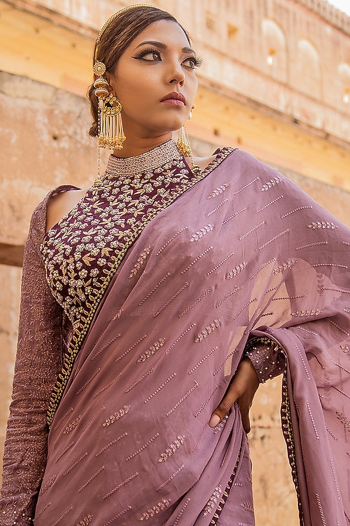 Mauve Lucknowi Chikankari Draped Wedding Saree Set by Soniya G at Pernia's Pop Up Shop