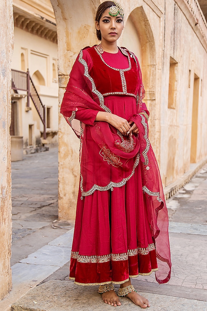 Crimson Red Cotton Satin Anarkali Set by Soniya G
