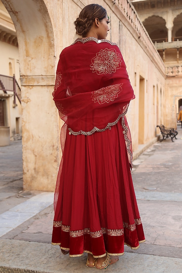 Crimson Red Cotton Satin Wedding Anarkali Set by Soniya G at Pernia's Pop Up Shop