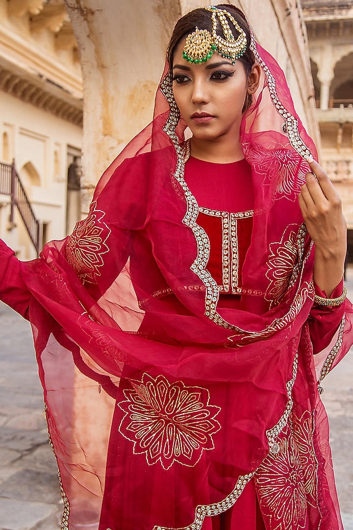 Crimson Red Cotton Satin Wedding Anarkali Set by Soniya G at Pernia's Pop Up Shop