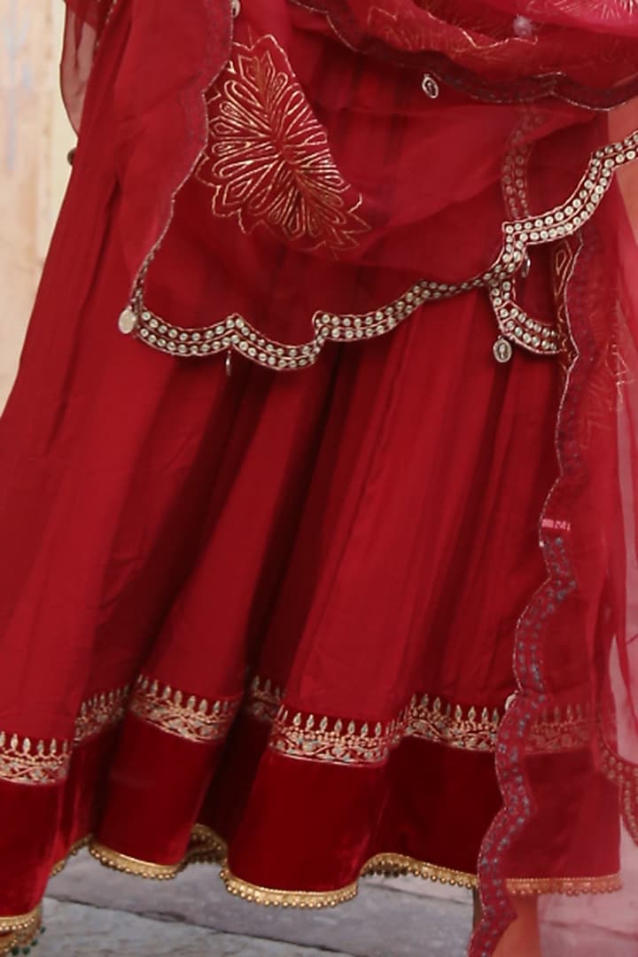 Crimson Red Cotton Satin Wedding Anarkali Set by Soniya G at Pernia's Pop Up Shop