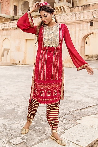 Red Embroidered Kurta Set by Soniya G