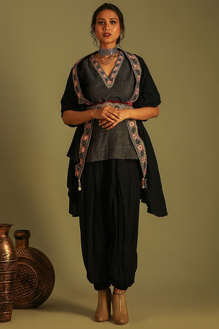 Charcoal Blue Floral Printed Staple Cape Set by Soniya G at Pernia's Pop Up Shop