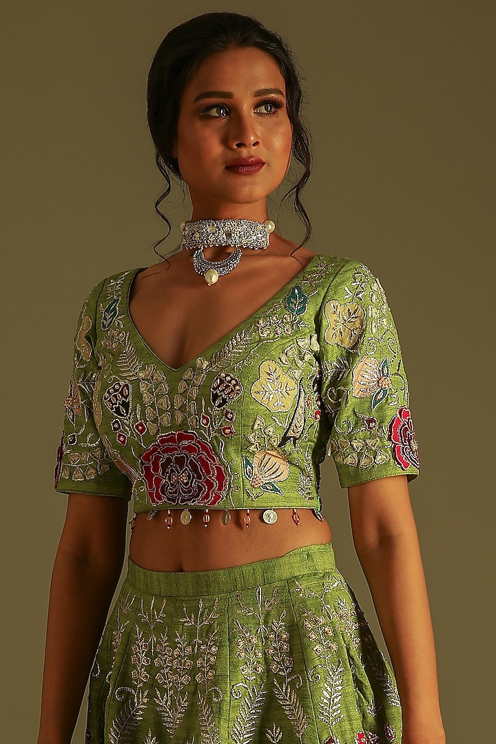 Pastel Green Embroidered & Printed Wedding Lehenga Set by Soniya G at Pernia's Pop Up Shop