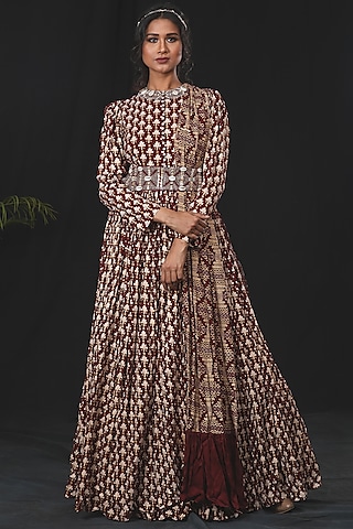 Deep Maroon Hand Embroidered Anarkali Set by Soniya G