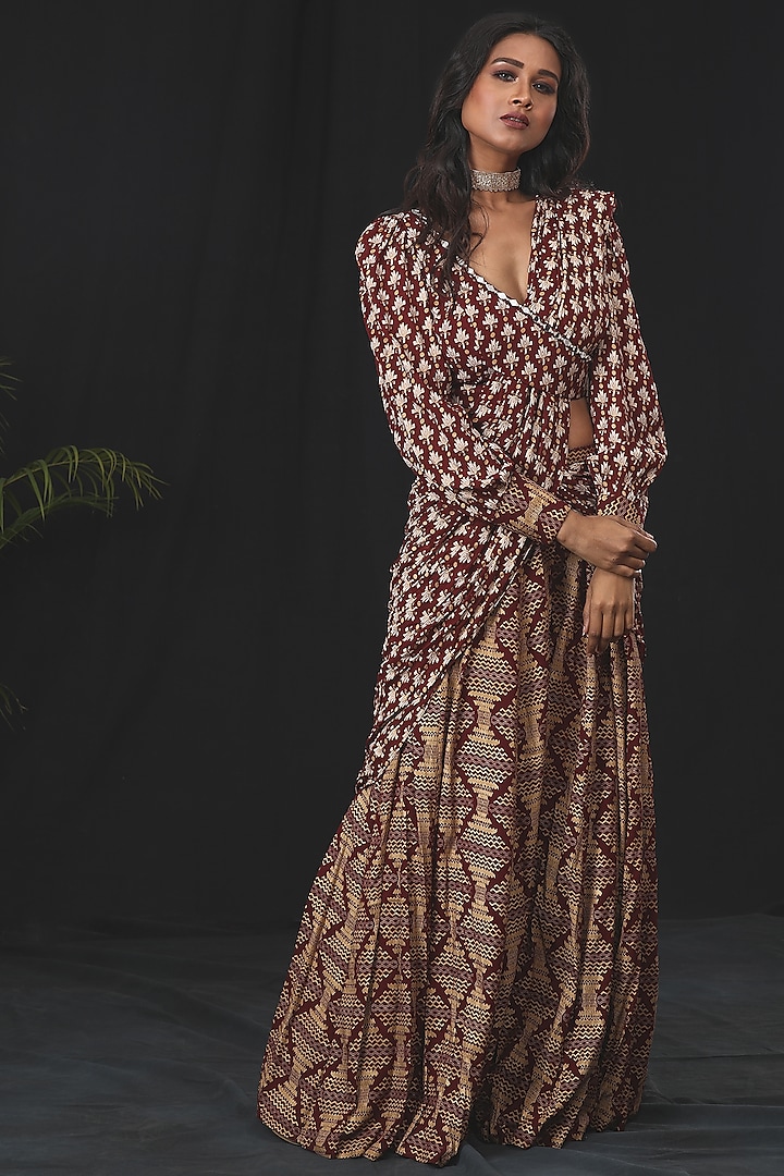 Deep Maroon Printed Pre-Stitched Saree Set by Soniya G