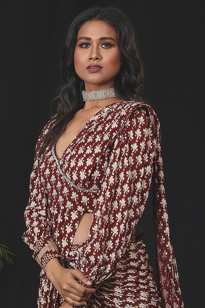Deep Maroon Printed Pre-Stitched Party Wear Saree Set by Soniya G at Pernia's Pop Up Shop