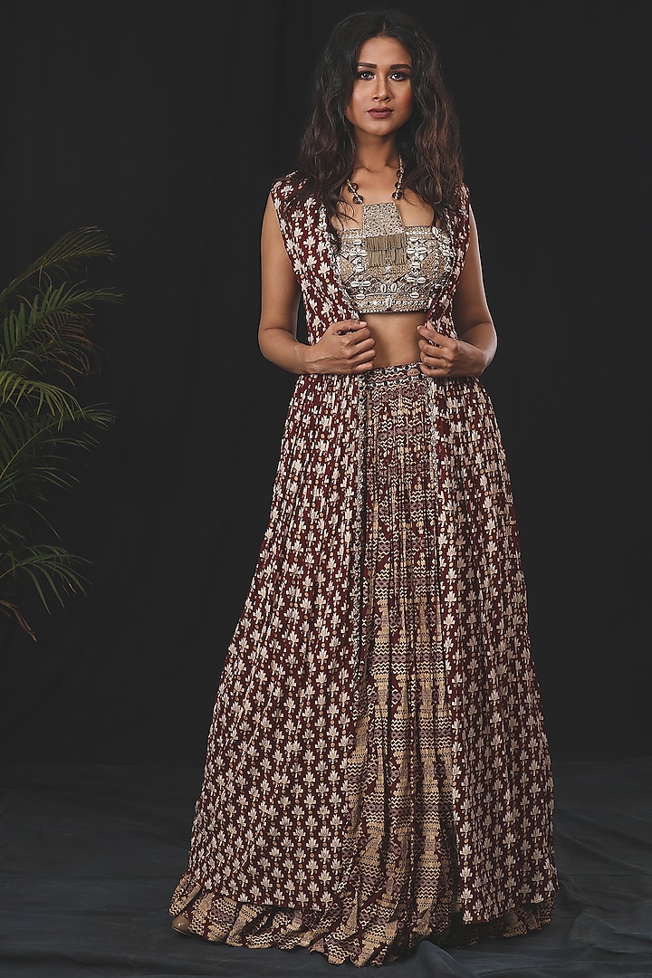Maroon Floral Printed Front-Open Cape Set by Soniya G