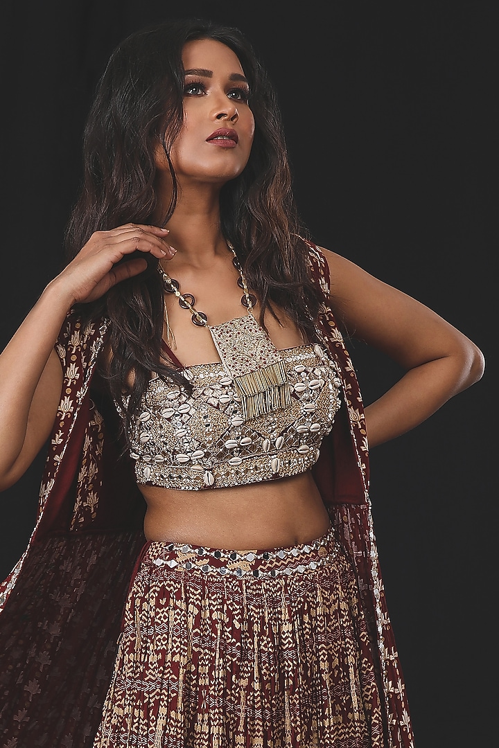 Maroon Georgette Floral Printed Front-Open Cape Set by Soniya G at Pernia's Pop Up Shop