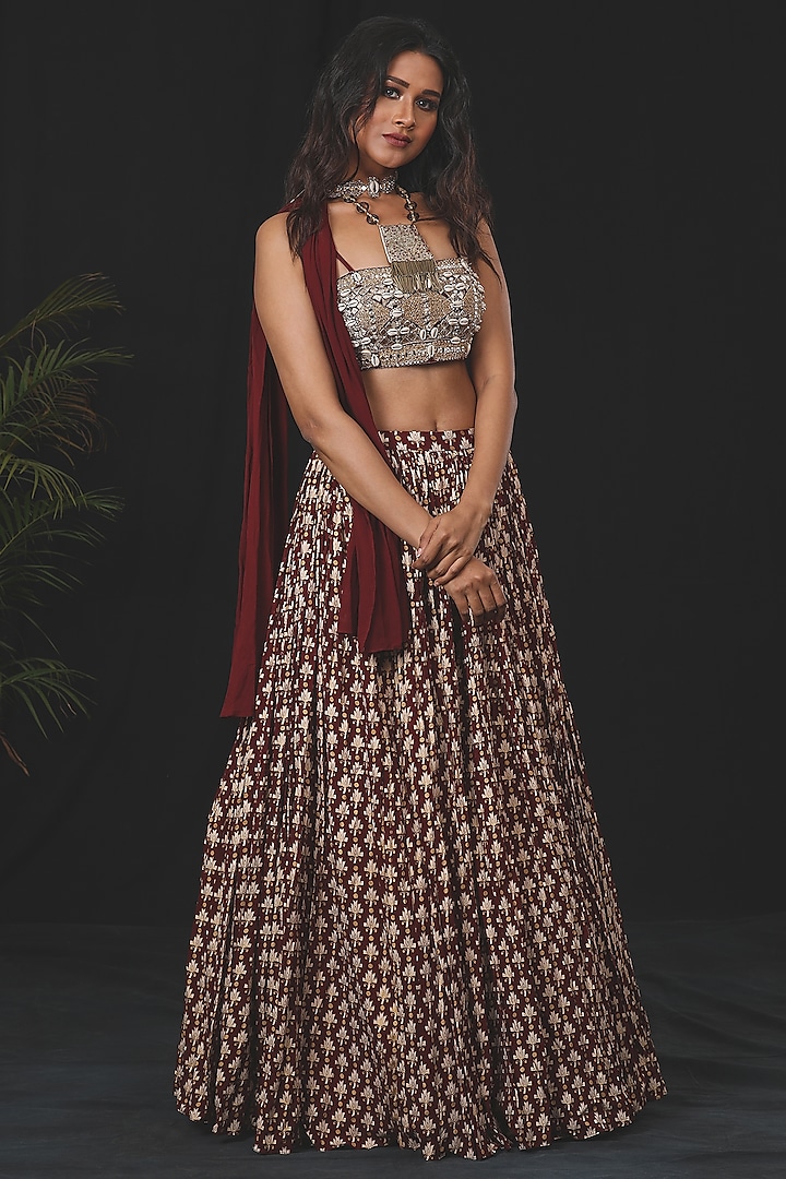 Maroon Printed Skirt Set by Soniya G