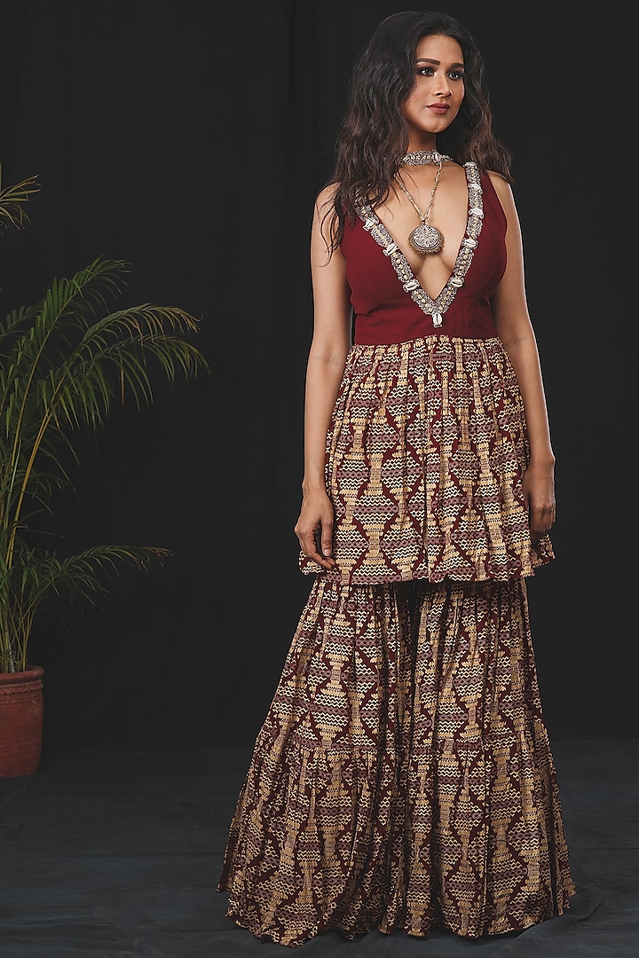 Deep Maroon Printed Sharara Set by Soniya G