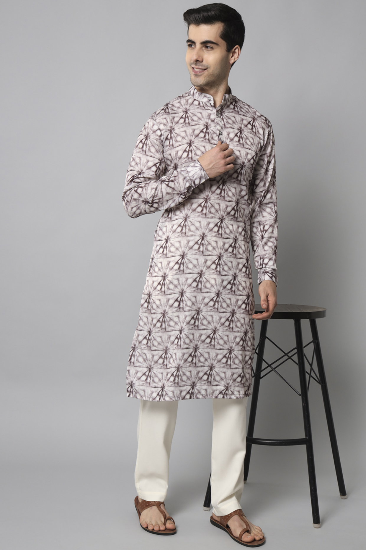 Off-White & Maroon Printed Kurta Set by Soniya G Men