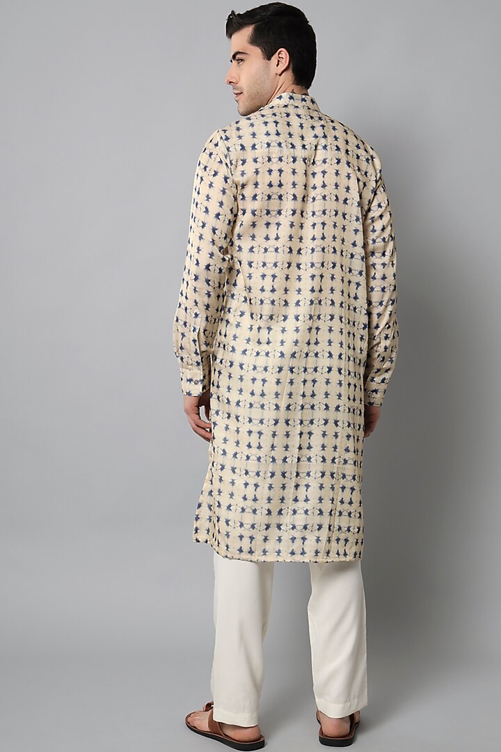 Cream & Blue Handloom Silk Tie-Dye Printed Kurta Set by Soniya G Men at Pernia's Pop Up Shop