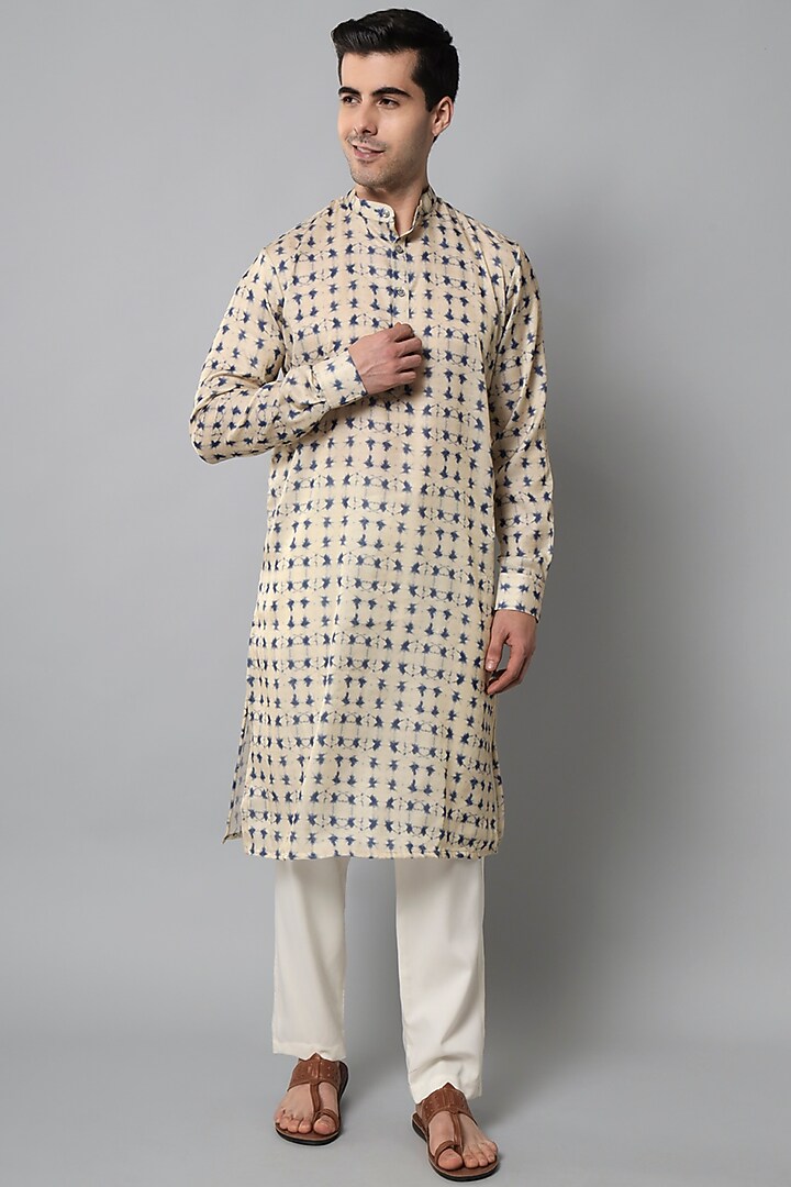 Cream & Blue Handloom Silk Tie-Dye Printed Kurta Set by Soniya G Men at Pernia's Pop Up Shop