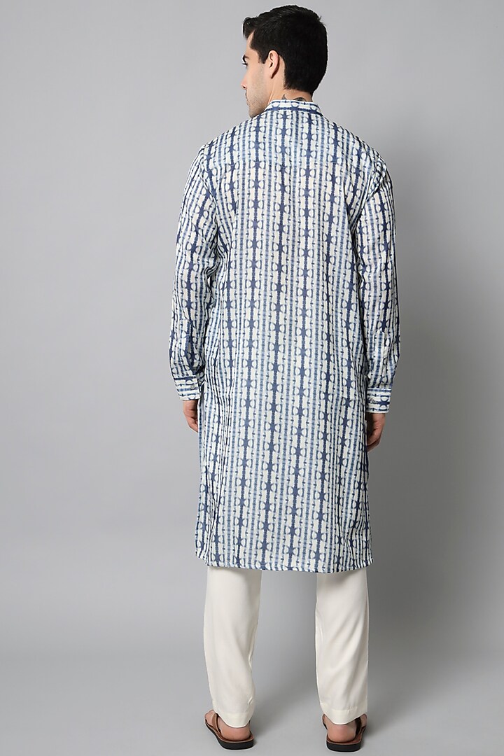 White & Blue Handloom Silk Printed Kurta Set by Soniya G Men at Pernia's Pop Up Shop