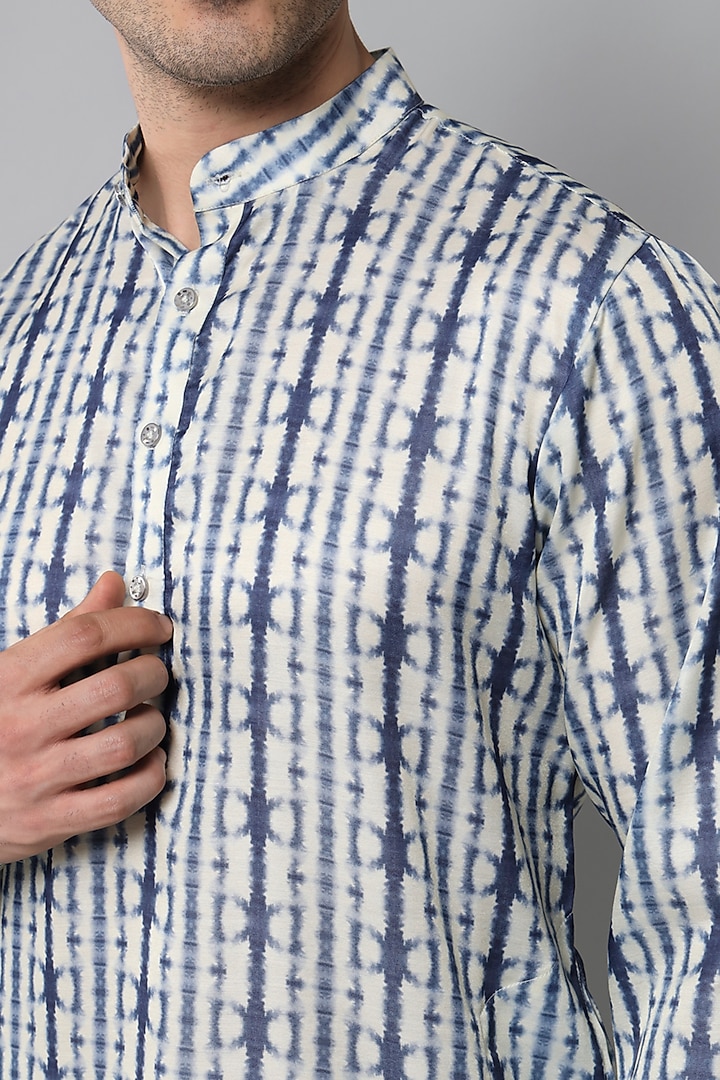 White & Blue Handloom Silk Printed Kurta Set by Soniya G Men at Pernia's Pop Up Shop