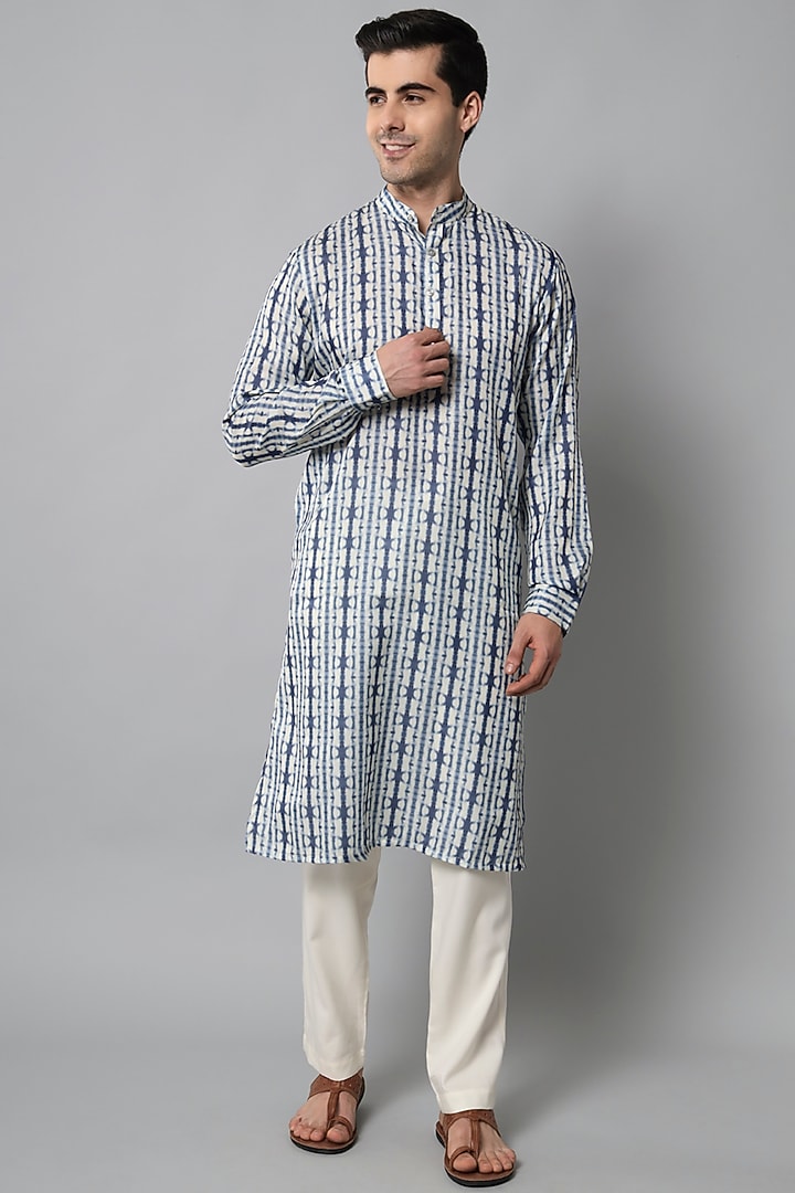 White & Blue Handloom Silk Printed Kurta Set by Soniya G Men at Pernia's Pop Up Shop