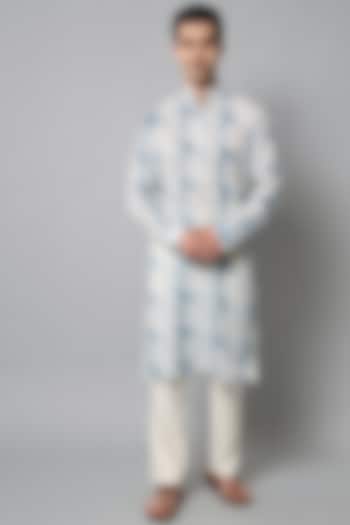 White & Blue Handloom Silk Printed Kurta Set by Soniya G Men at Pernia's Pop Up Shop