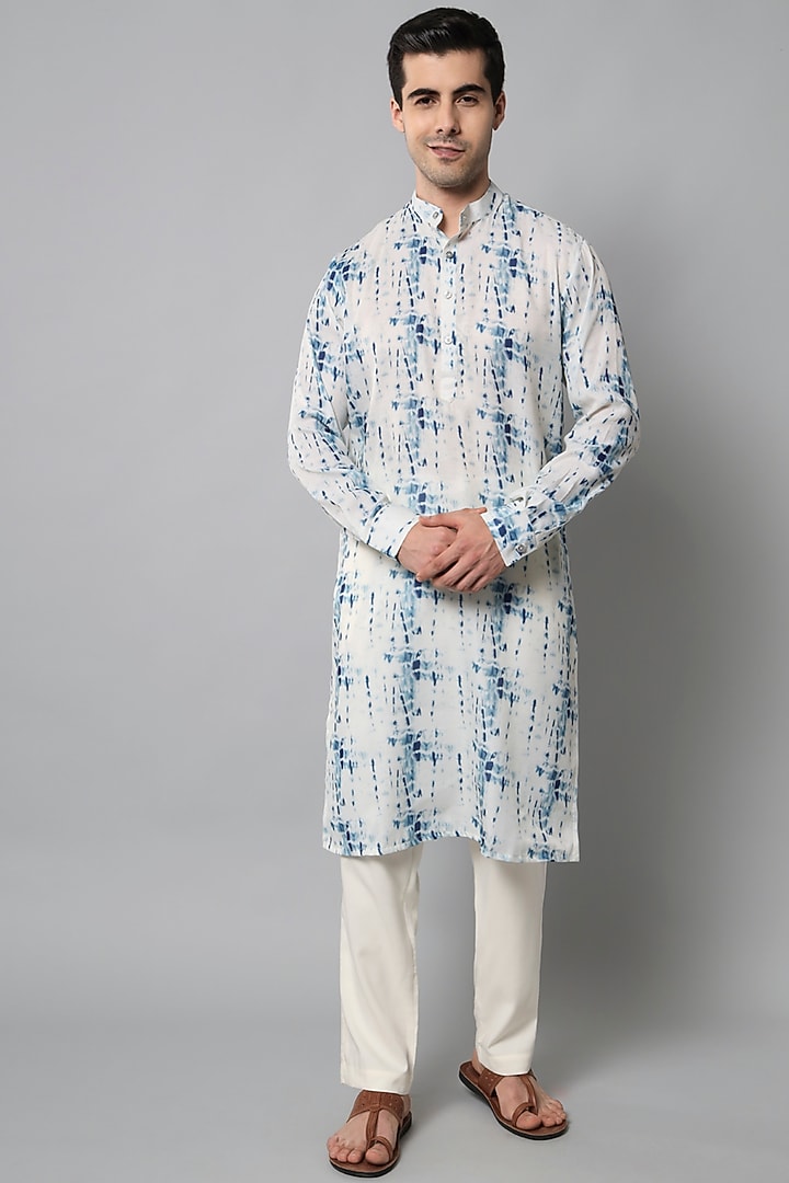 White & Blue Handloom Silk Printed Kurta Set by Soniya G Men at Pernia's Pop Up Shop