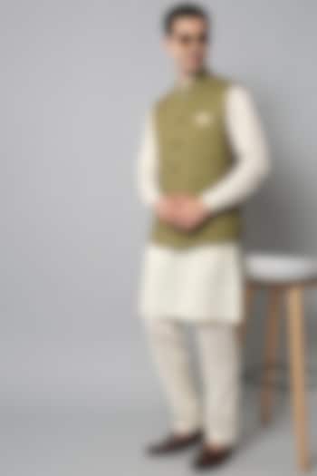 Olive Green Silk Bundi Jacket With Kurta Set by Soniya G Men at Pernia's Pop Up Shop