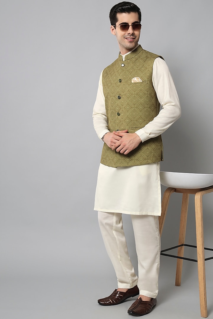 Olive Green Silk Bundi Jacket With Kurta Set by Soniya G Men at Pernia's Pop Up Shop