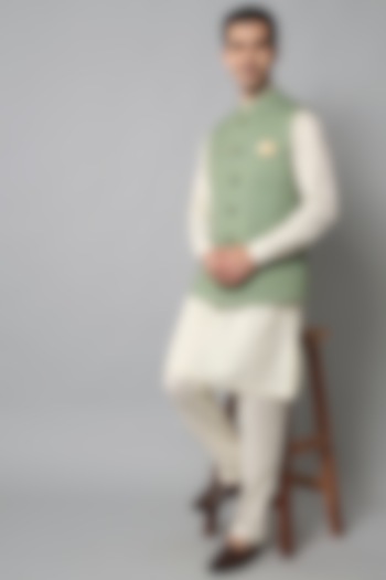 Sage Green Cotton Silk Bundi Jacket With Kurta Set by Soniya G Men at Pernia's Pop Up Shop