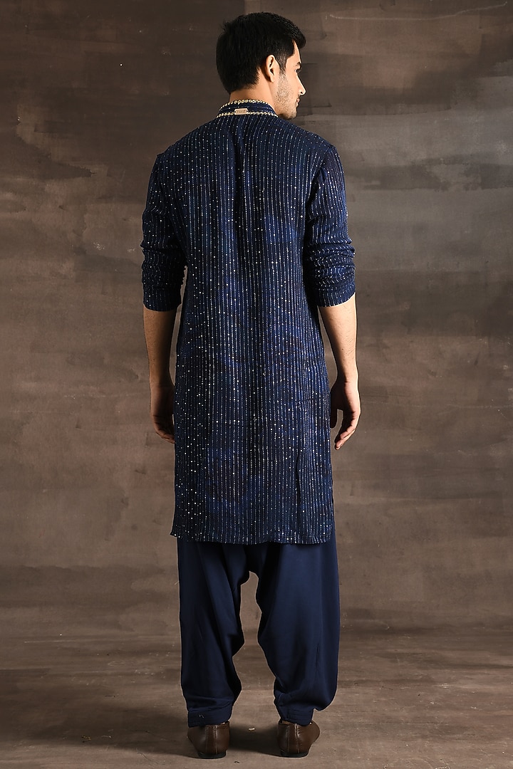 Navy Blue Georgette Coin Embroidered Kurta Set by Soniya G Men at Pernia's Pop Up Shop