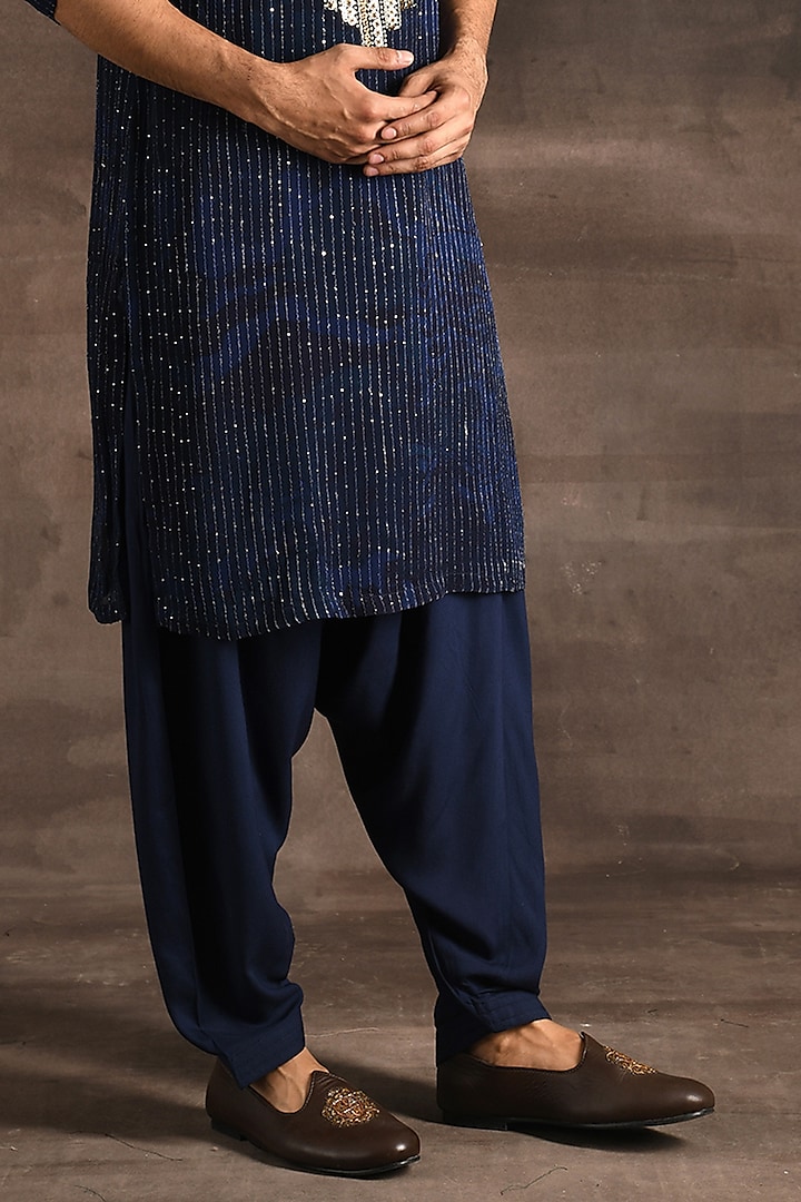Navy Blue Georgette Coin Embroidered Kurta Set by Soniya G Men at Pernia's Pop Up Shop