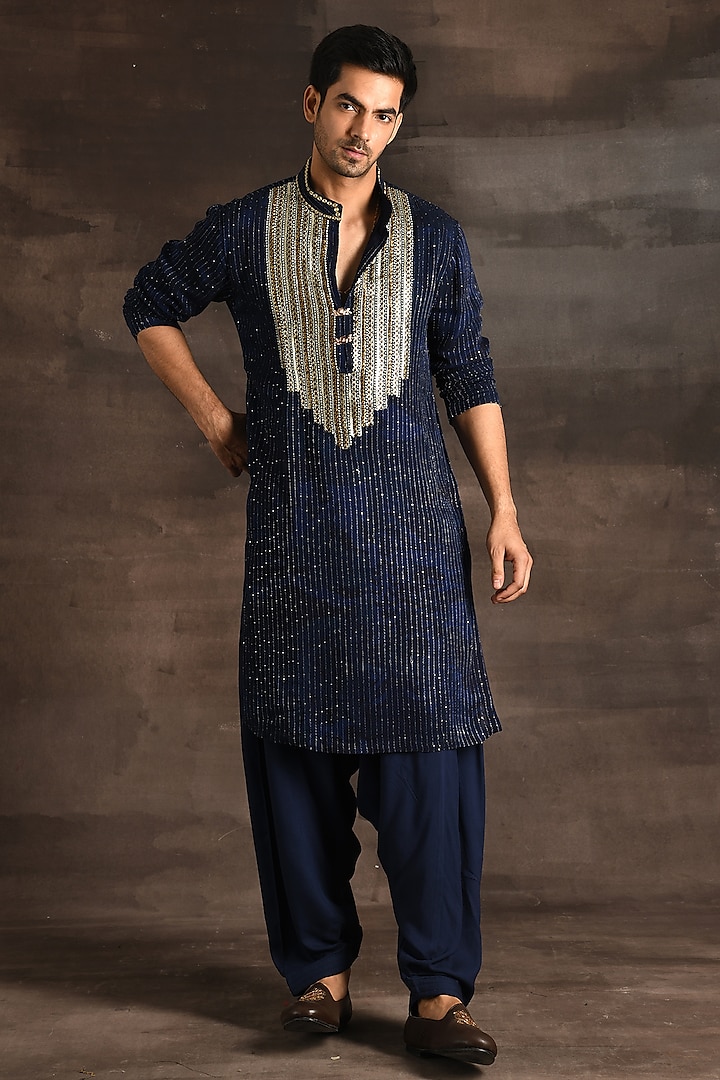 Navy Blue Georgette Coin Embroidered Kurta Set by Soniya G Men at Pernia's Pop Up Shop