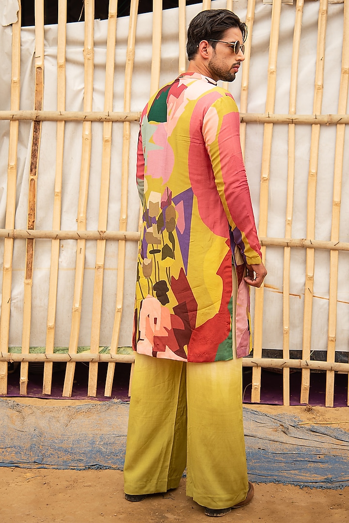 Multi-Colored Silk Blend Floral Printed & Mirror Embroidered Kurta Set by Soniya G Men at Pernia's Pop Up Shop