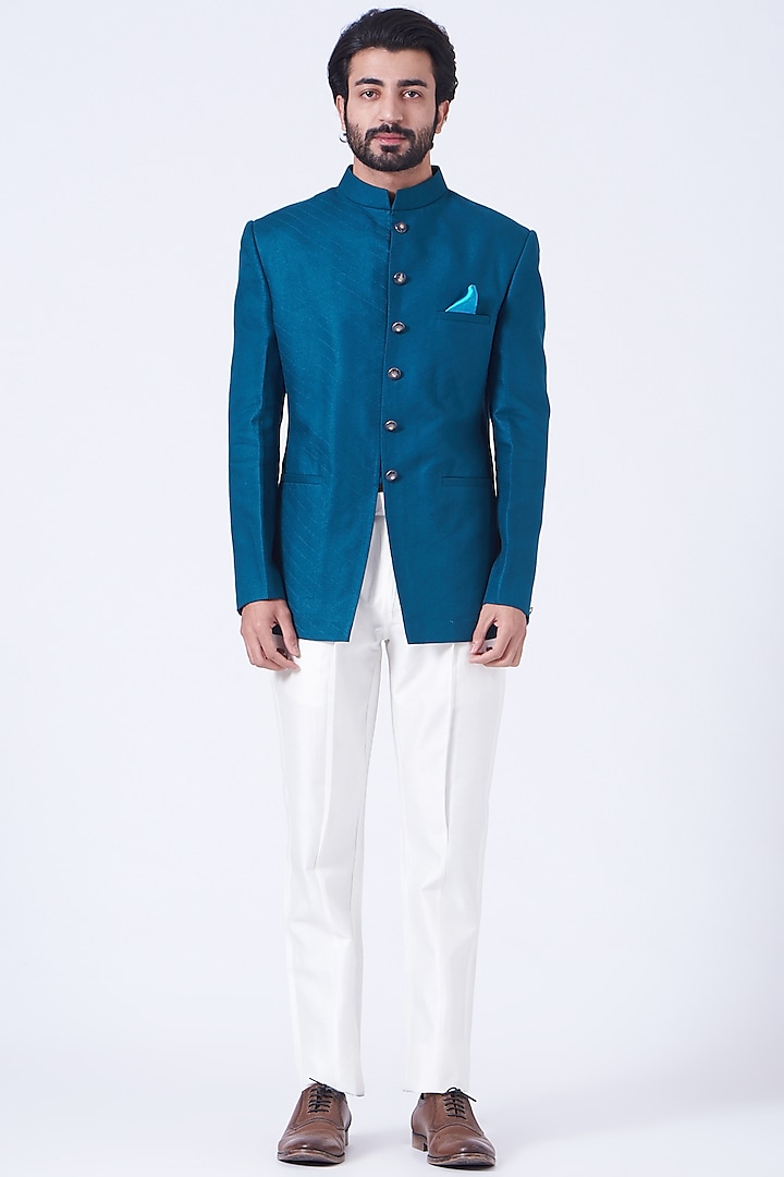 Royal Blue Silk Bandhgala Jacket Set by Soniya G Men
