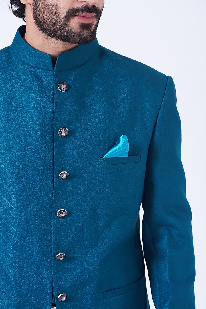 Royal Blue Silk Wedding Bandhgala Jacket Set by Soniya G Men at Pernia's Pop Up Shop