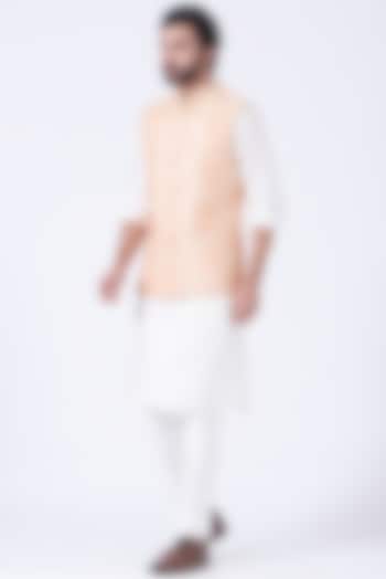 White Kurta Set With Peach Bundi Jacket by Soniya G Men