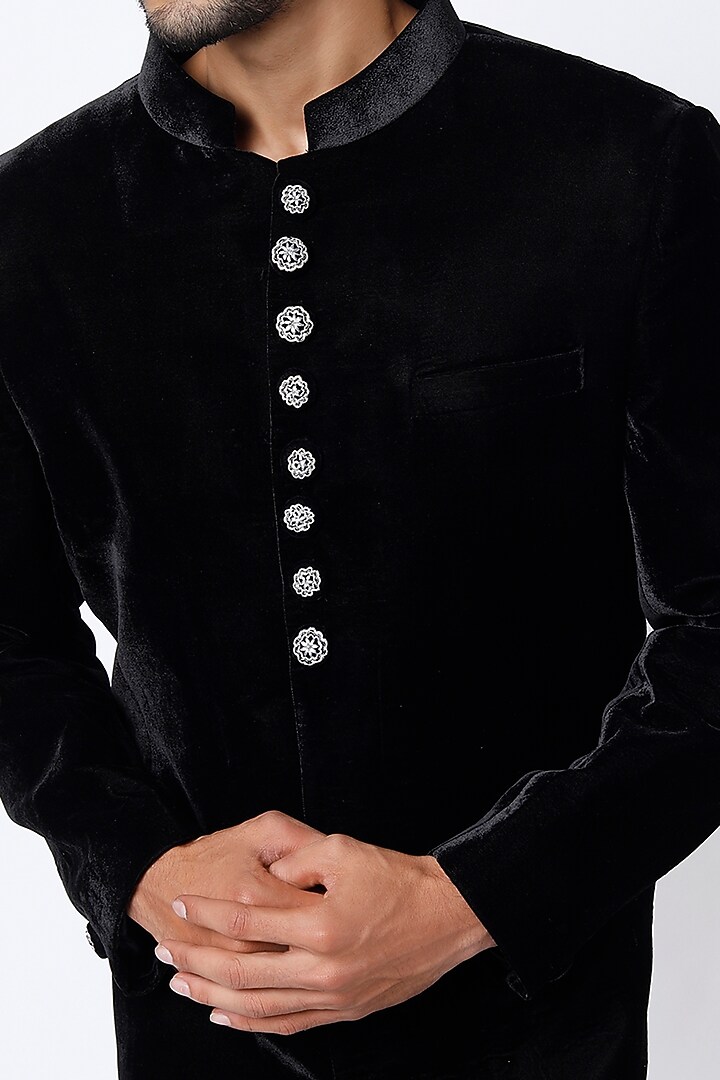 Black Velvet Wedding Sherwani Set by Soniya G Men at Pernia's Pop Up Shop