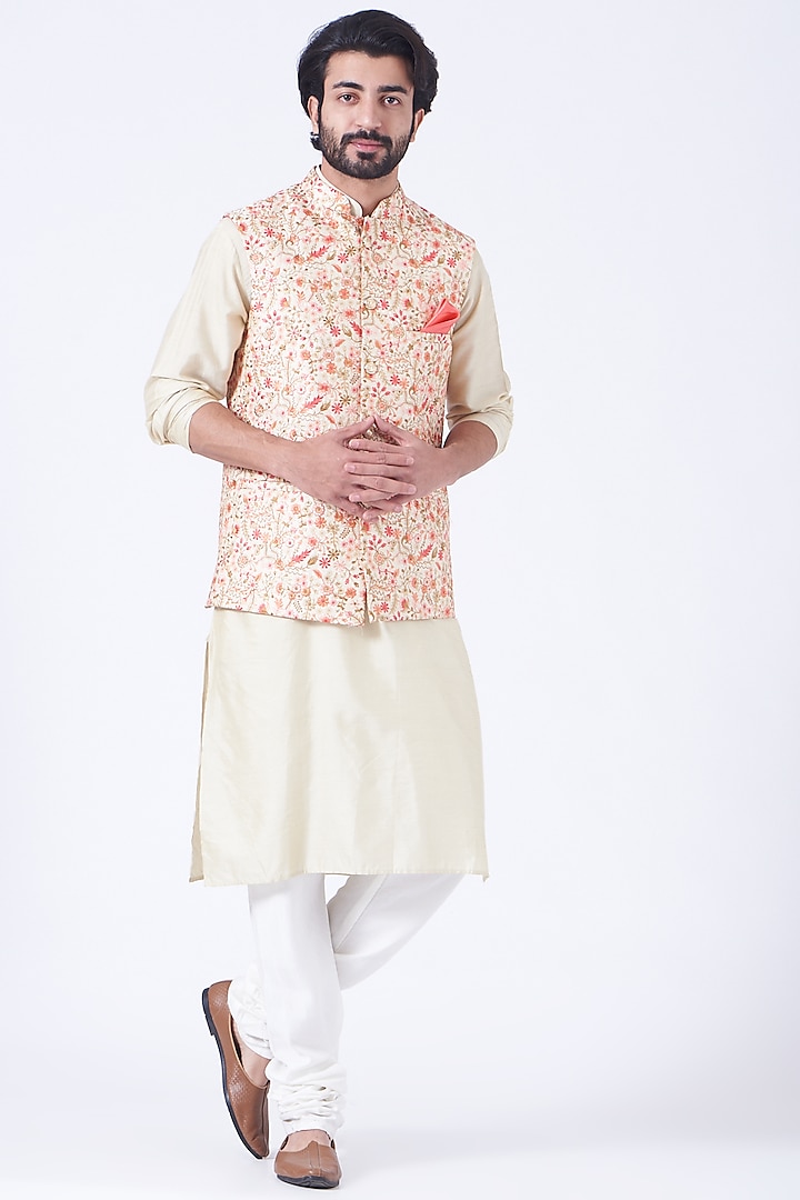 Cream Kurta Set With Peach Bundi Jacket by Soniya G Men