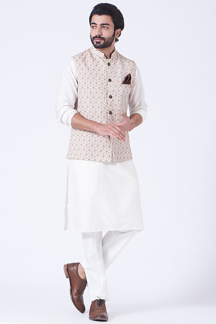 White Kurta Set With Brown Bundi Jacket by Soniya G Men