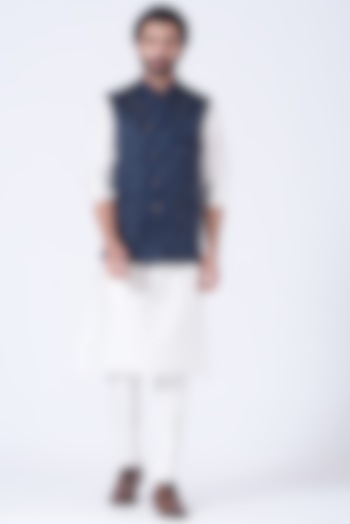 White Kurta Set With Navy Blue Bundi Jacket by Soniya G Men