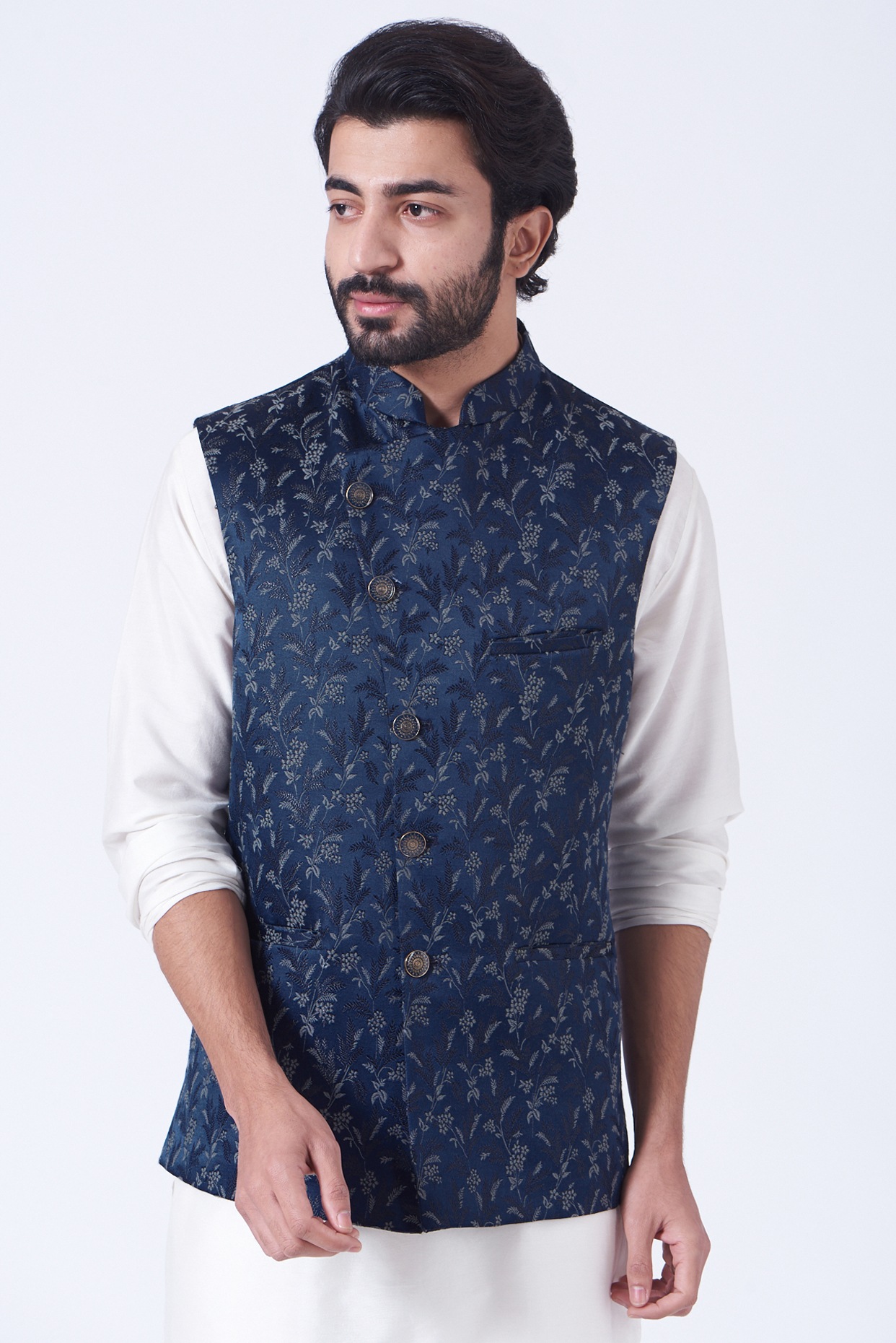 White kurta blue outlet jacket