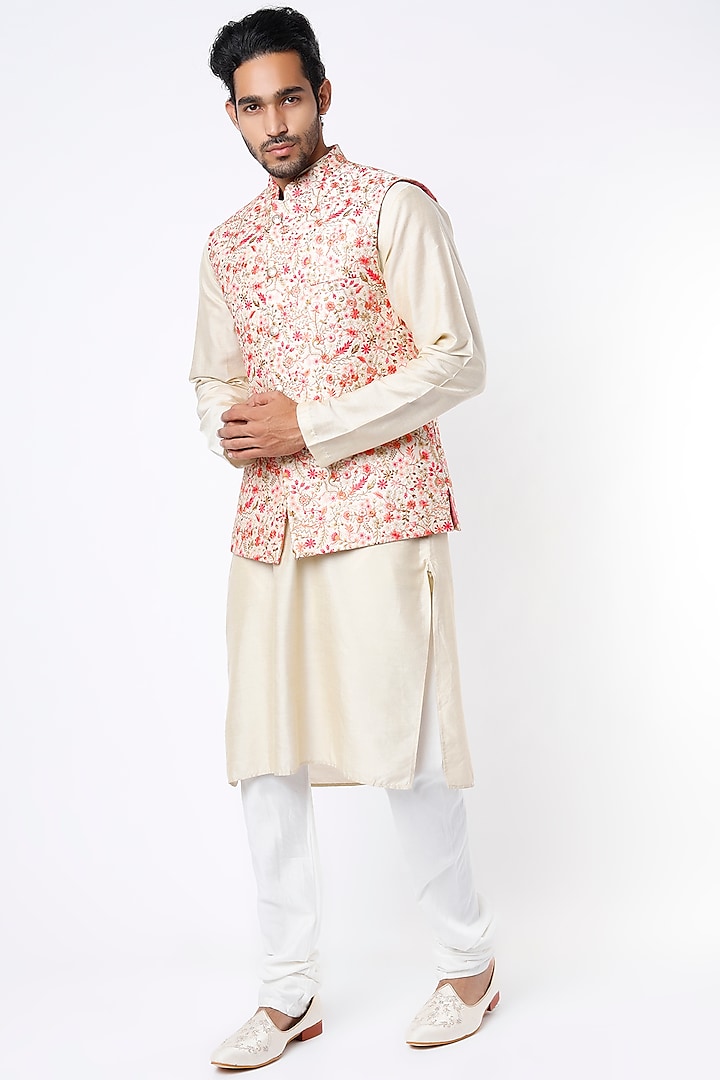 Beige Kurta Set With Bundi Jacket by Soniya G Men