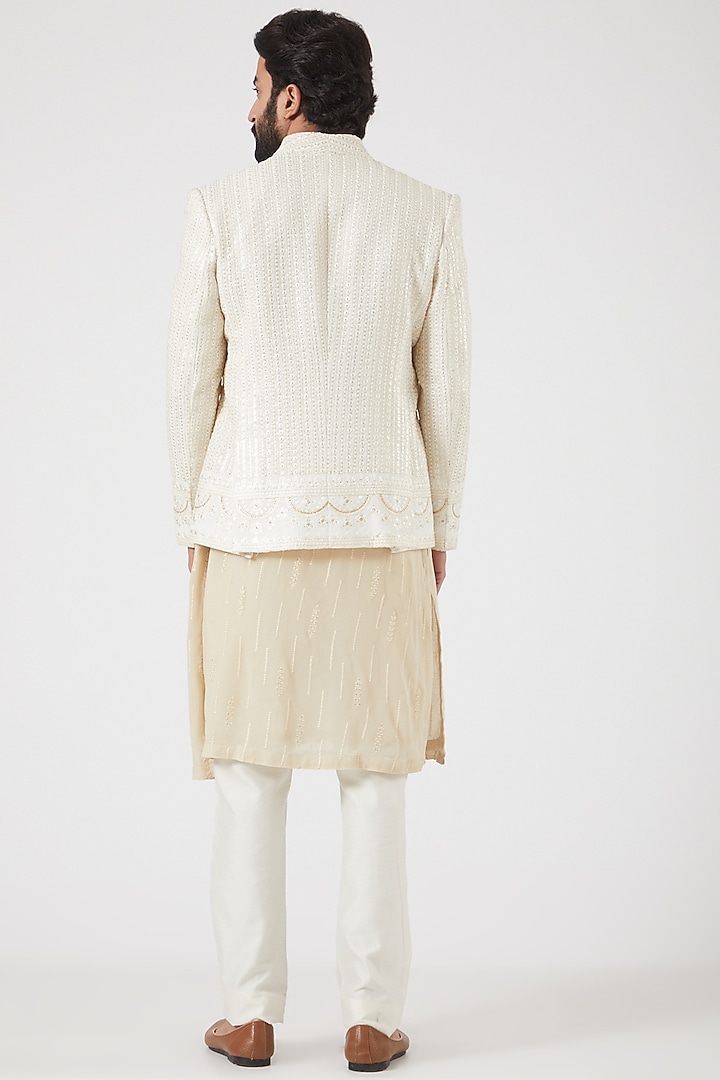 Ivory Lucknowi Bandhgala Jacket Set by Soniya G Men at Pernia's Pop Up Shop