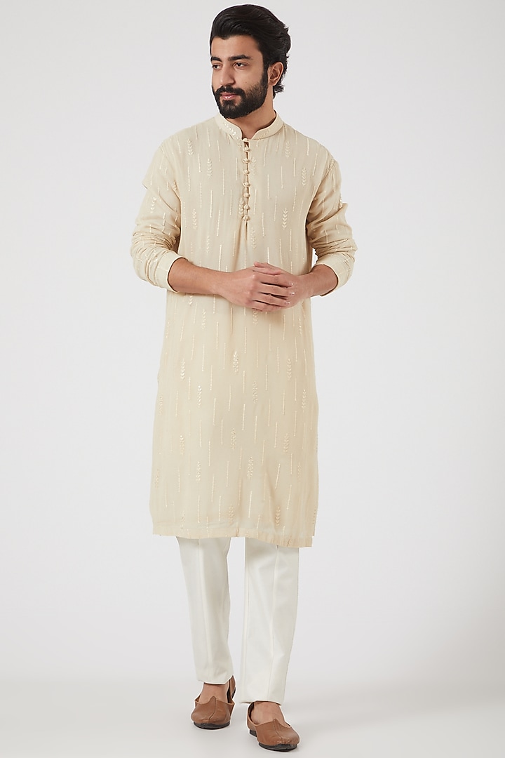 Ivory Lucknowi Bandhgala Jacket Set by Soniya G Men at Pernia's Pop Up Shop